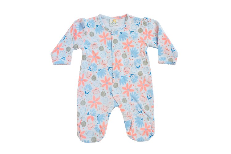 אוברול טריקו ארוך פרחים צבעוניים לבן - אפרסק