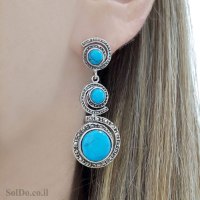 עגילים מכסף ארוכים משובצים מרקזטים ואבני טורקיז  A8988 | תכשיטי כסף 925 | עגילי כסף