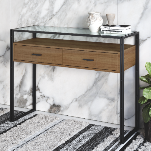 קונסולה מהודרת עשויה מתכת ועץ בשילוב זכוכית דגם מיאמי