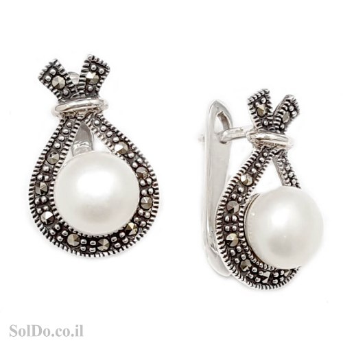 עגילים מכסף מעוצבים משובצים פנינה לבנה ומרקזטים A8896