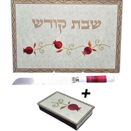 סט קרש חלה + סכין + מחזיק גפרורים זכוכית תואם