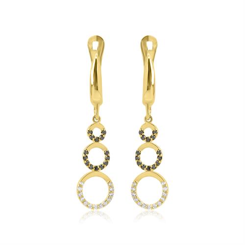 עגילי זהב נתלים עיגולי עם חצי יהלומים שחורים ולבנים