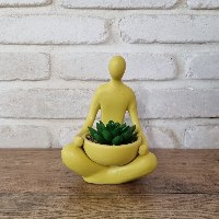 איש צהוב יושב מחזיק עציץ