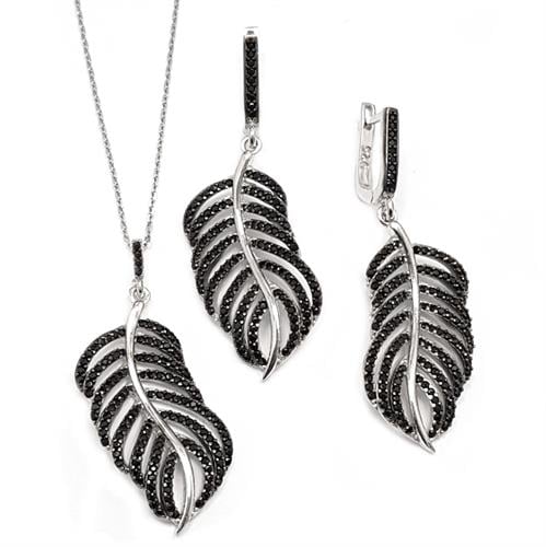 סט עגילים ארוכים ותליון מכסף דגם "נוצה שחורה" משובצים אבני זרקון שחורות S1554