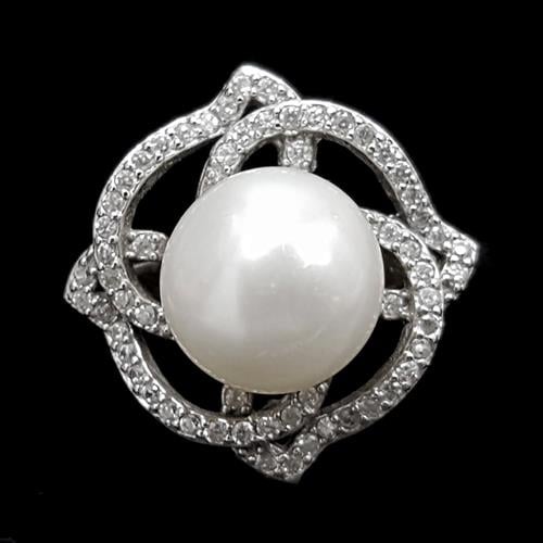 טבעת מכסף משובצת פנינה לבנה וזרקונים RG5535 | תכשיטי כסף 925 | טבעות עם פנינה