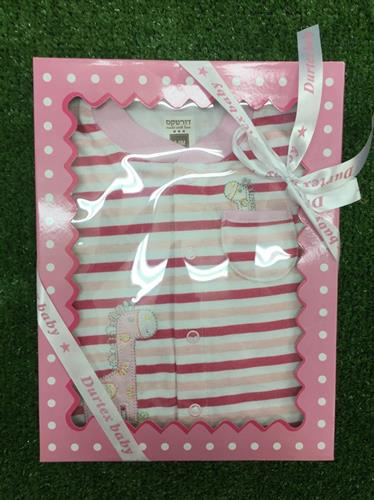 אוברול טריקו ארוך + כובע - ורוד פסים - ג'ירפות