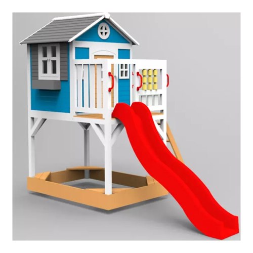 בית עץ לחצר עשוי מעץ אורן איכותי בצבעי עץ, לבן ותכלת עם מגלשה ומרפסת