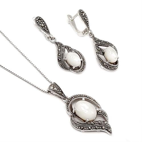 עגילים ותליון כסף משובצים מרקזטים ואבני מונסטון לבנות S1564