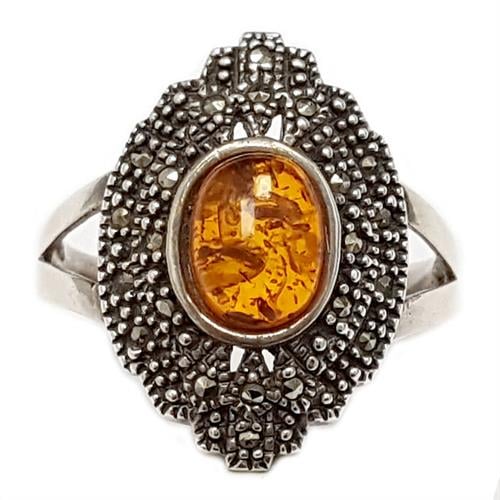 טבעת מכסף בשילוב ענבר צבע קוניאק ומרקזטים  RG5964 | תכשיטי כסף 925 | טבעות כסף