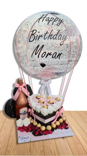 מארז לב חצי פררו חצי פרחי סבון גדול - משולב יין / בלוק עץ