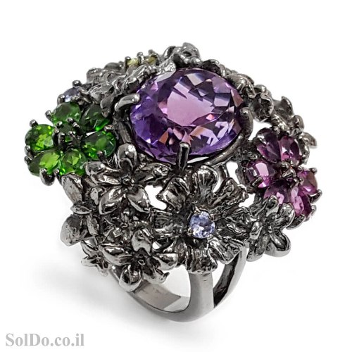 טבעת מכסף משובצת אבן אמטיסט ואבני פרידוט RG6321 | תכשיטי כסף 925 | טבעות כסף