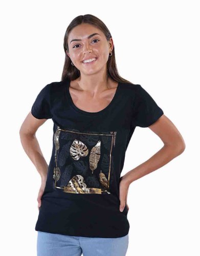 חולצת טריקו מעוצבת עלי זהב / שחור