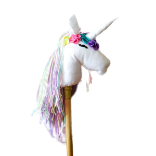 חד קרן על מקל עם שיער פסטל ופרח סגול