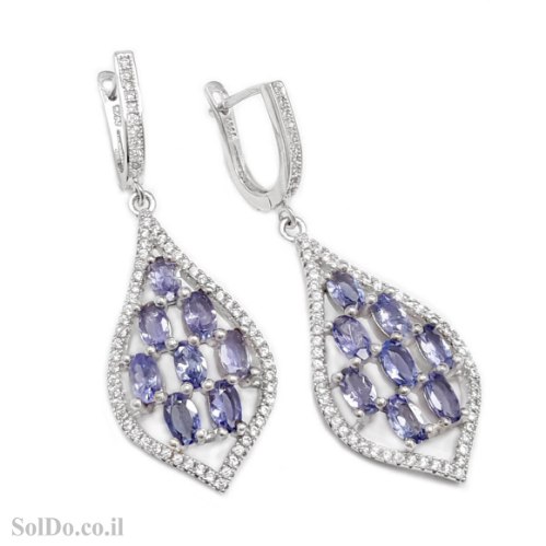 עגילים מכסף תלויים משובצים אבני טנזנית ואבני זרקון A8876 | תכשיטי כסף