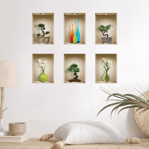 שישיית מדבקות נישה כוורת עם עציצי בונסאי ובקבוקי זכוכית צבעוניים דגם 680