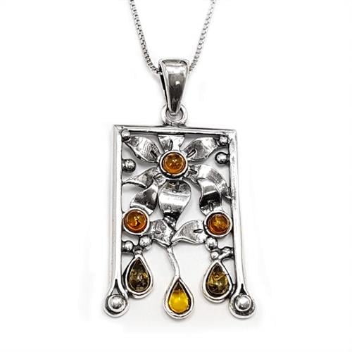 תליון מכסף מעוצב משובץ אבני ענבר כולל שרשרת T5887 | תכשיטי כסף