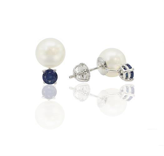 עגילי זהב 14 קרט אבן פנינה טבעית ואבן ספיר טבעית