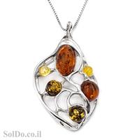 תליון מכסף מעוצב בשילוב ענבר בלטי מיקס צבעים כולל שרשרת T6024