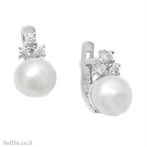 עגילי כסף משובצים פנינה לבנה ואבני זרקון A8712 | תכשיטי כסף 925