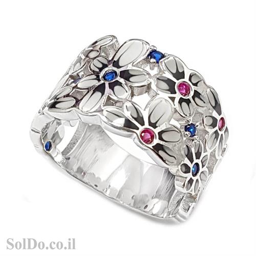 טבעת מכסף משובצת אבני זרקון צבעוניות ושילוב אמייל RG8702