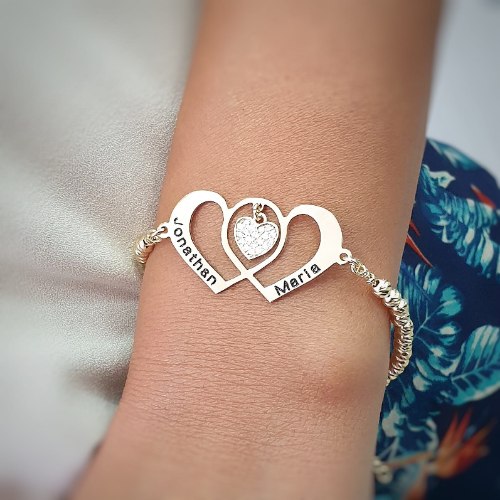 צמיד כדורי לייזר 3mm עם לבבות מצטלבים + לב משובץ וחריטה דגם LA432