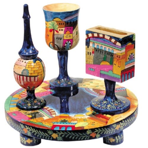 סט הבדלה עץ ציור עבודת יד דגם ירושלים