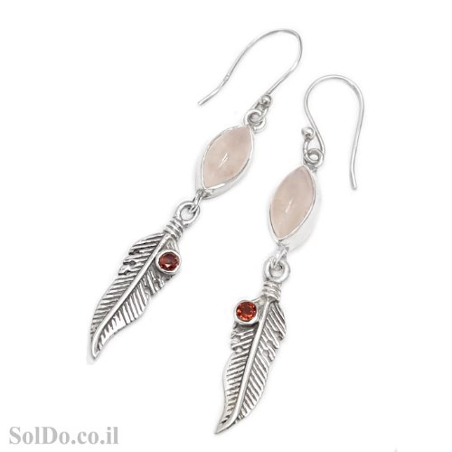 עגילים מכסף משובצים אבני רוז קוורץ ואבני גרנט A8918 | תכשיטי כסף | עגילי כסף