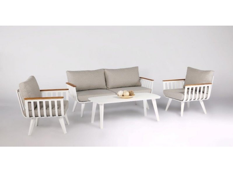 סט ישיבה יוקרתי עשוי אלומניום בשילוב עץ דגם אורגון כולל 4 מקומות ישיבה בצבע לבן