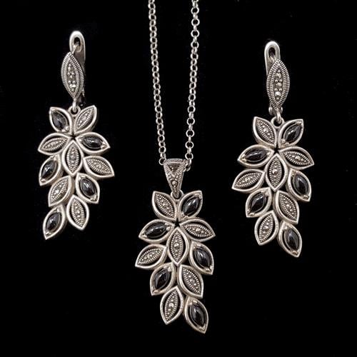 עגילים ותליון כסף משובצים מרקזטים ואבני אוניקס S1481 | תכשיטי כסף 925 | עגילי כסף | שרשרת כסף