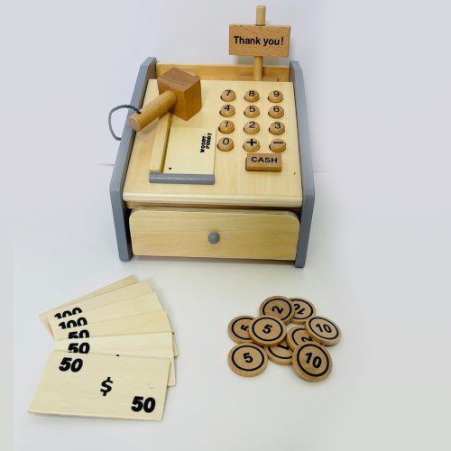 608037358370 קופה רושמת מעץ לילדים עם מגירה נשלפת לאחסון, מגוון מטבעות, שטרות וכרטיסי אשראי