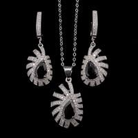 עגילים ותליון כסף משובצים זרקון שחור וזרקונים לבנים S1477 | תכשיטי כסף 925 | עגילי כסף | שרשרת כסף