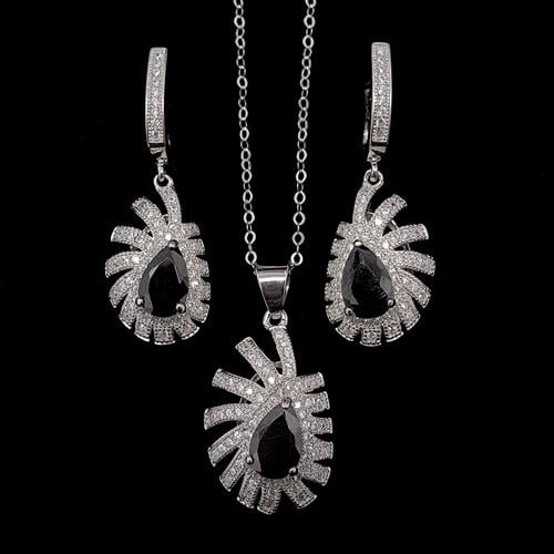 עגילים ותליון כסף משובצים זרקון שחור וזרקונים לבנים S1477 | תכשיטי כסף 925 | עגילי כסף | שרשרת כסף