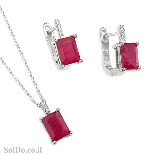 סט עגילים ותליון מכסף משובצים אבני רובי ואבני זרקון S1601 | תכשיטי כסף 925 | עגילי כסף