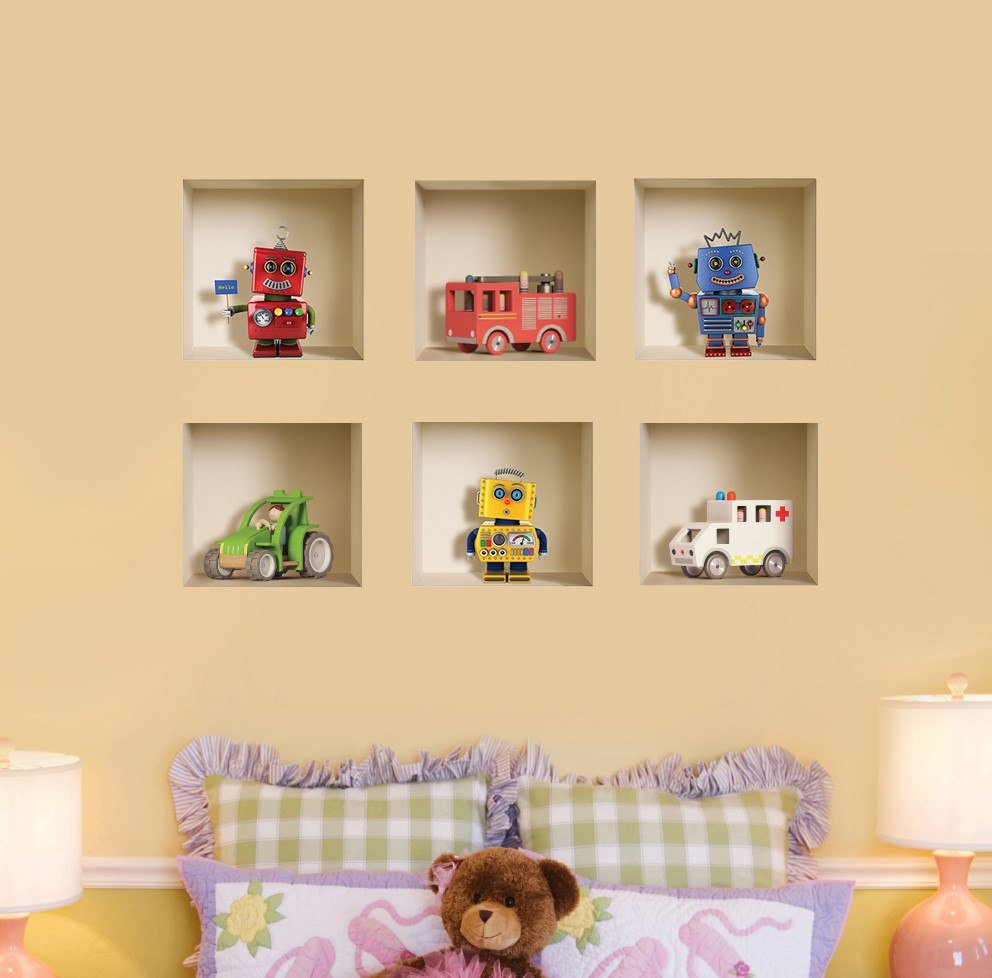 כוורת מדבקות רובוטים ומכוניות עץ