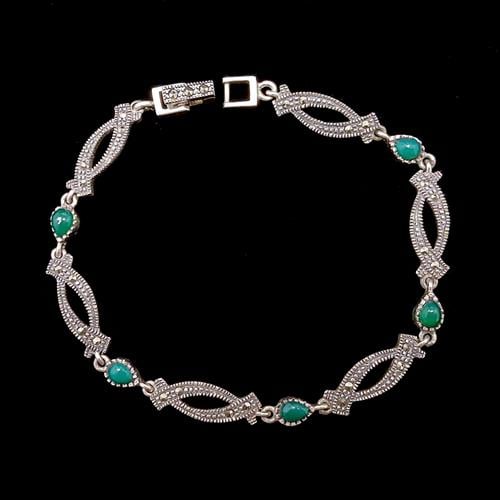 צמיד כסף משובצים מרקזטים ואבני קלצדוני ירוק Z2940 | תכשיטי כסף 925 | צמידי כסף