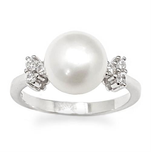 טבעת מכסף משובצת פנינה לבנה וזרקונים RG5961 | תכשיטי כסף 925 | טבעות עם פנינה