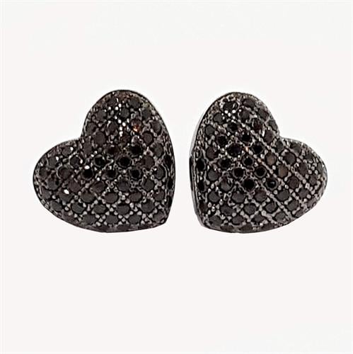 עגילים מכסף בצורת לב משובצים אבני זרקון שחורות A3345