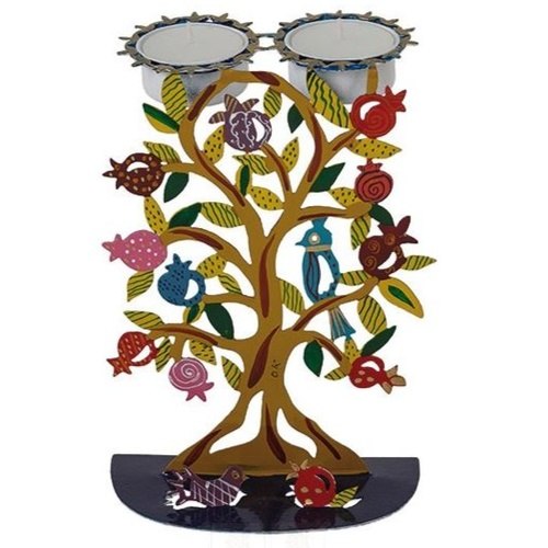 פמוטים לשבת חיתוך לייזר - ציור בעבודת יד דגם עץ רימונים