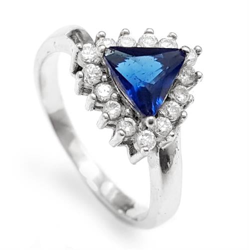 טבעת כסף משובצת אבן זרקון כחולה בצורת משולש וזרקונים קטנים RG5645 | תכשיטי כסף 925 | טבעות כסף