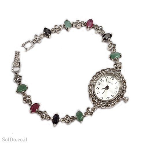 שעון מכסף מעוצב משובץ מרקזטים ואבני אמרלד, רובי וספיר SH3262 | תכשיטי כסף