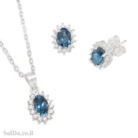 עגילים צמודים ותליון מכסף משובצים אבני טופז כחולה ואבני זרקון S1745