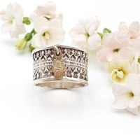 טבעת כסף פיליגרנט - עיצוב אתני - חמסה גולדפילד 14K נופלת R-46