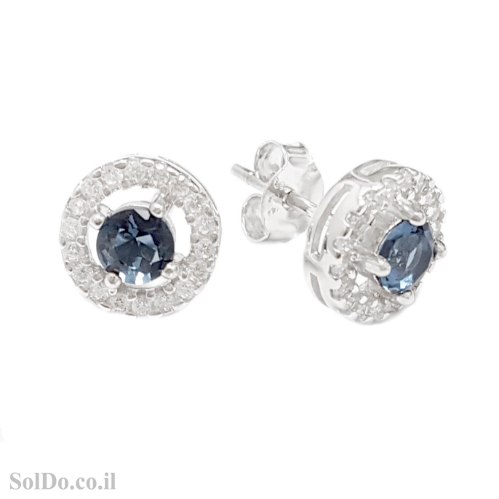 עגילים מכסף צמודים משובצים אבן זרקון כחולה מרכזית ואבני זרקון שקופות A8853 | תכשיטי כסף 925