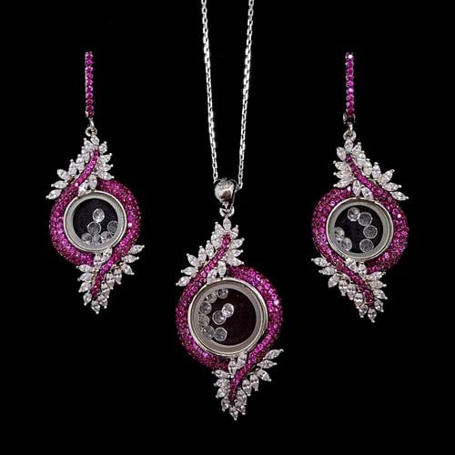 עגילים ותליון כסף משובצים זרקונים וורודים וזרקונים לבנים S1479 | תכשיטי כסף 925 | עגילי כסף