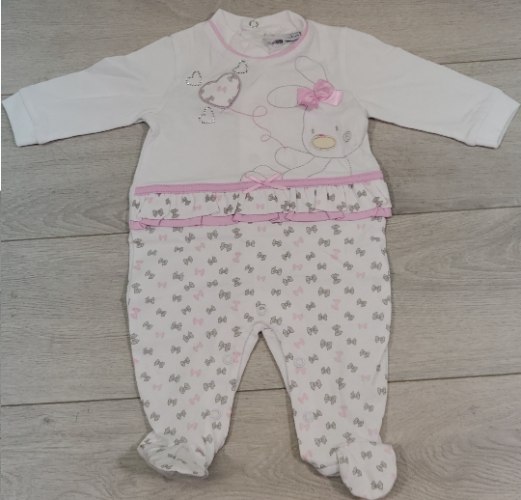 אוברול ארוך עם רגליות ארנב ולבבות ורוד בייבי ולבן