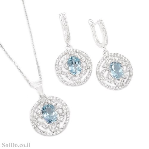 עגילים תלויים ותליון מכסף משובצים אבני טופז כחולה ואבני זרקון S1738