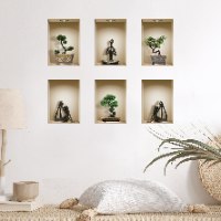 שישיית מדבקות נישה כוורת פסלים שחורים ועציצי בונסאי דגם 600