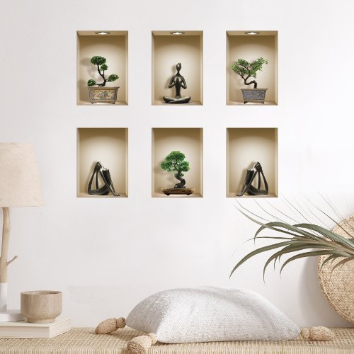 שישיית מדבקות נישה כוורת פסלים שחורים ועציצי בונסאי דגם 600