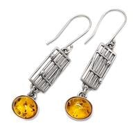 עגילי כסף ארוכים בשילוב ענבר בלטי אמיתי  צבע קוניאק A8592