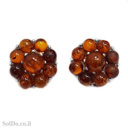 עגילים מכסף צמודים בשילוב ענבר בלטי אמיתי  צבע קוניאק A8972